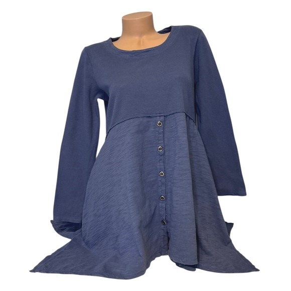 neon buddha Dresses & Skirts - Neon Buddha Womens MEDIUM Blue Waffle Knit Tunic Button Front‎ Asymmetrical Hem